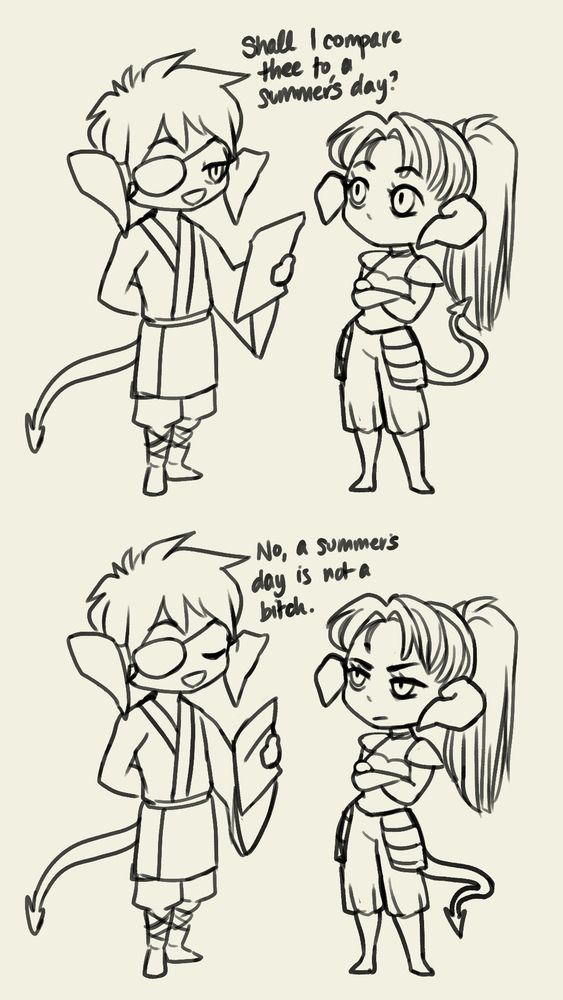 A mini-comic depicting two Au Ra characters. A man with an eyepatch, Tohru, is reading from a paper to a woman with a ponytail, Fuuko. He reads "Shall I compare thee to a summer's day? No, a summer's day is not a bitch". She does not seem pleased.