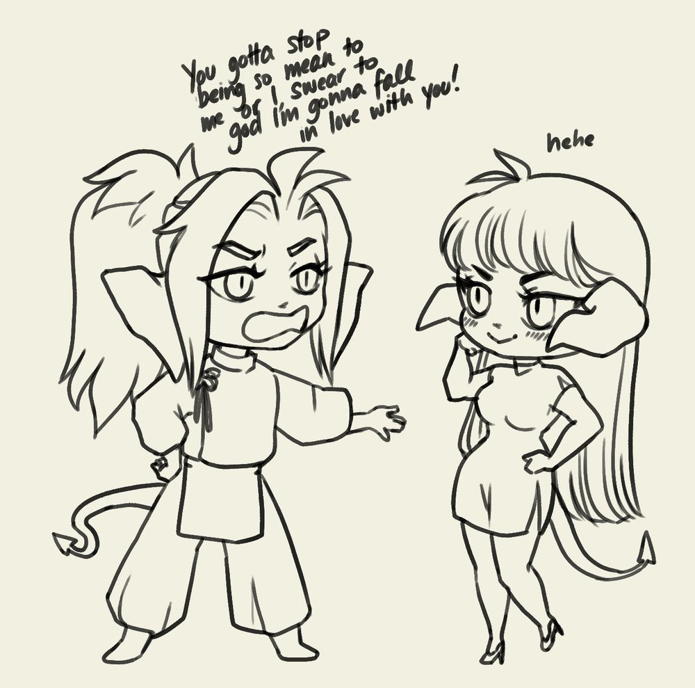 Chibi-style drawing of two Au Ra characters. A ponytailed man, Tsuneaki, is exhasperatedly gesturing to a pretty woman, Xueyan, and saying "you gotta stop being so mean to me or I swear I'm gonna fall in love with you!" to her. She looks smug.