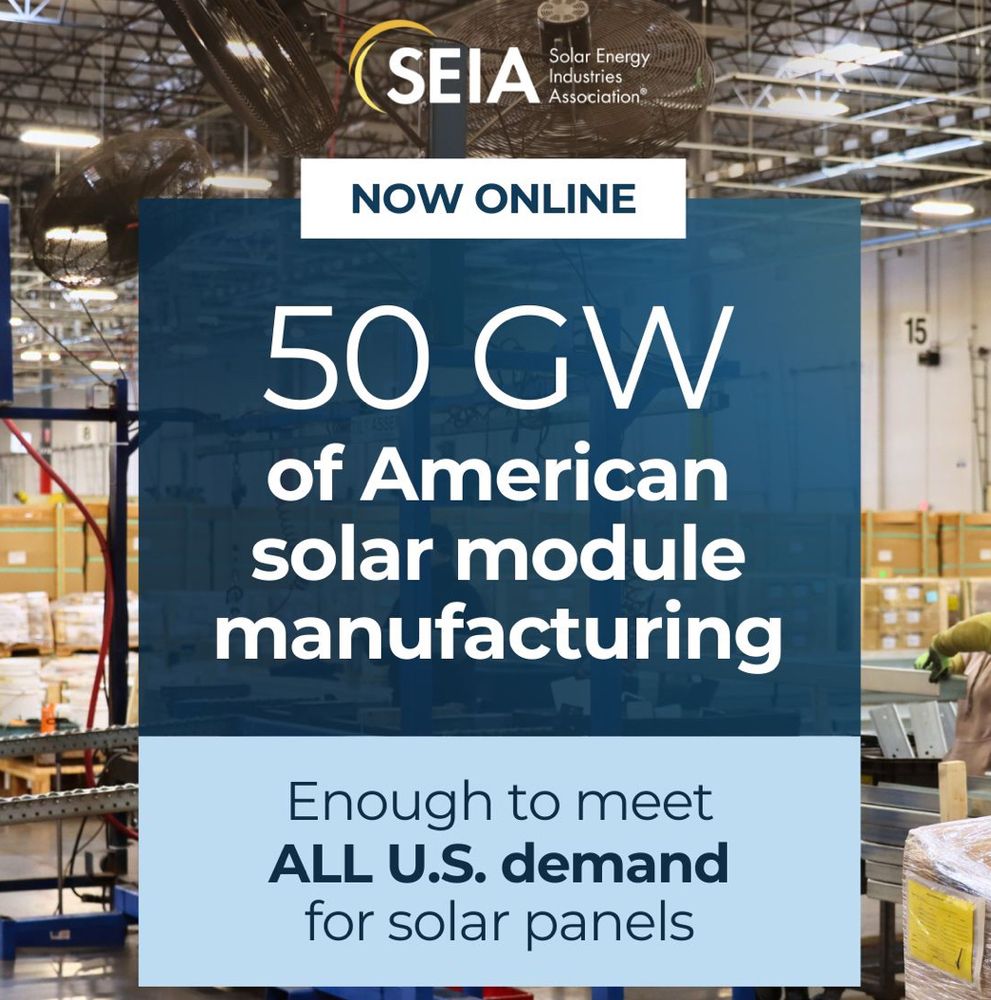 This image shows an announcement that the United States can now manufacture 50 GW of solar panels, which is enough to meet all U.S. solar panel demand.
