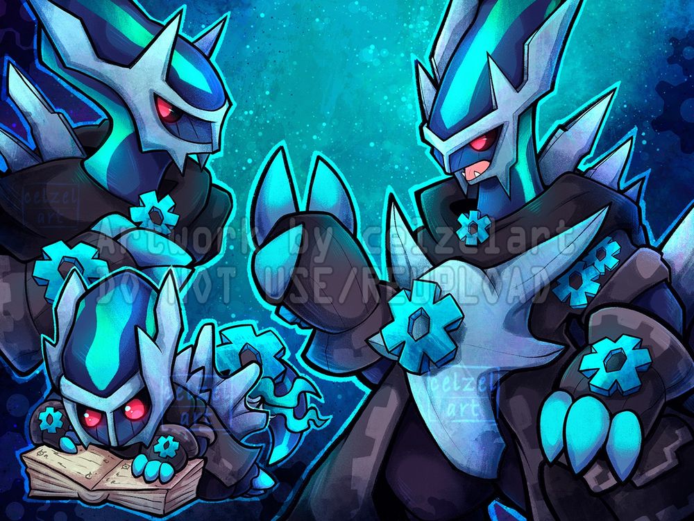 A page featuring 3 different drawings of a Dialga Oc: a halfbody, a bust and a little chibi