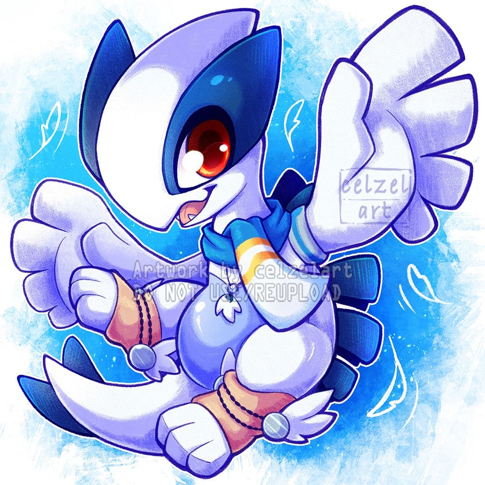 A chibi of a lugia Oc. He is wearing a scarf and other accessories