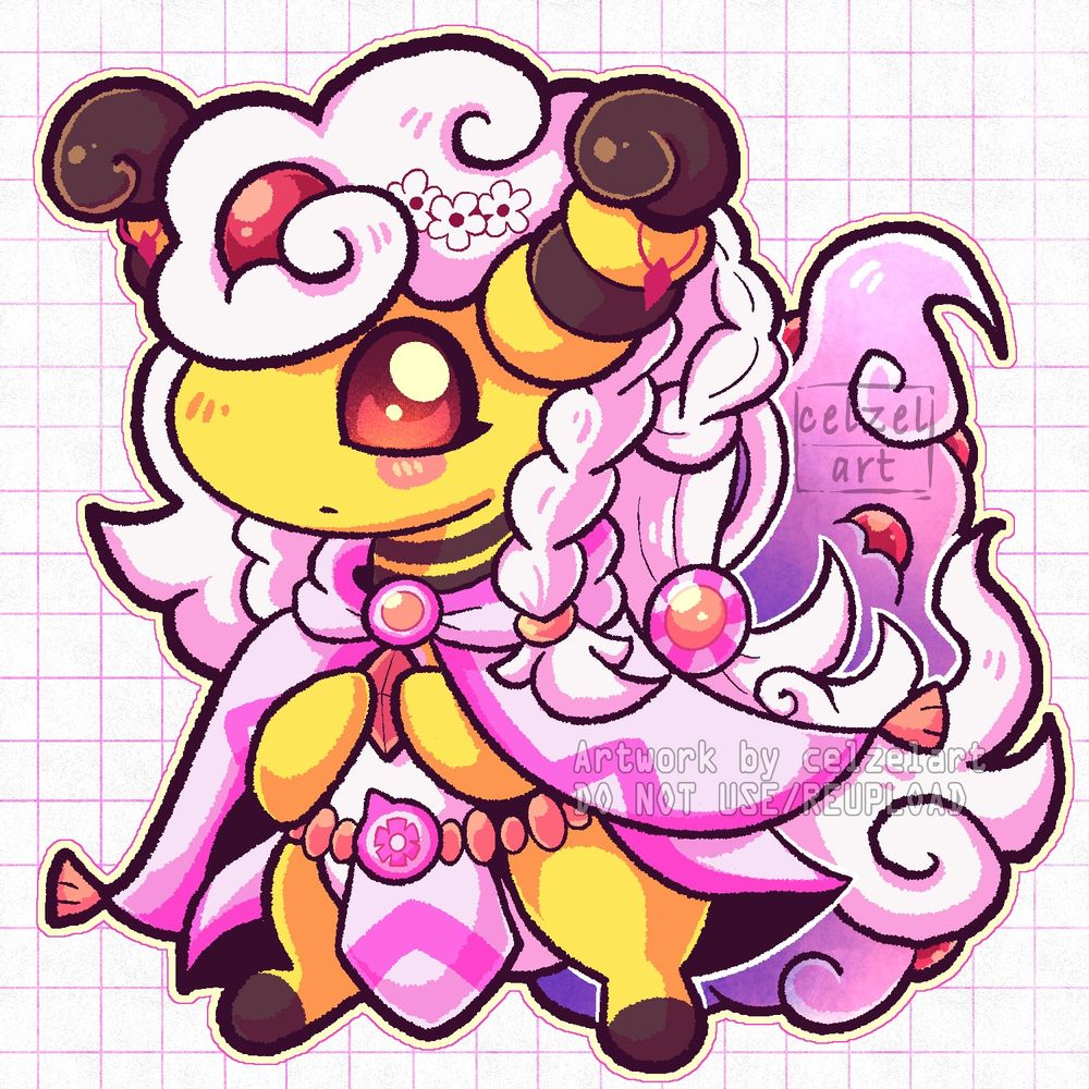 A little chibi of a mega-Ampharos oc with braided hair and white and pink outfit