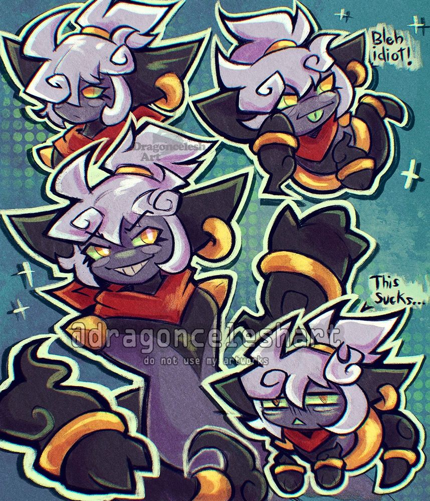 Some colored sketches of my pmd oc, a Hoopa and Marshadow hybrid with a red scarf