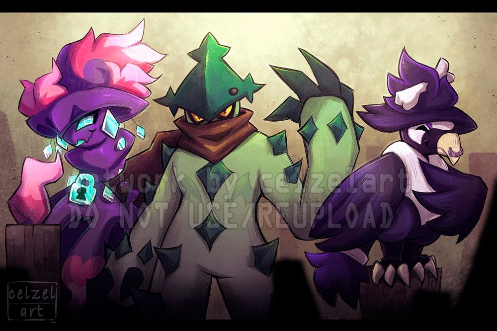 Art Fight: A drawing featuring a Pokemon Mystery Dungeon team, formed by a Cacturne, a Mismagius and a Honchkrow + Mandibuzz fusion