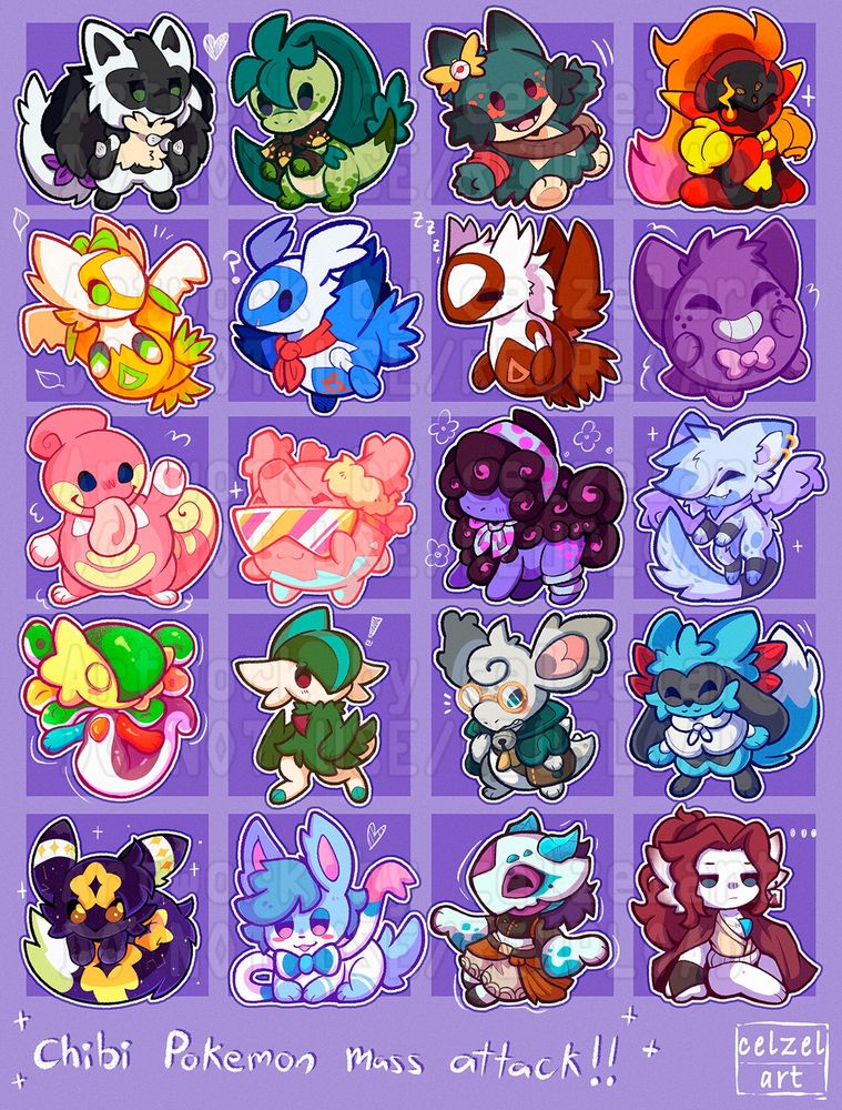 Art Fight: a drawing featuring a lot of chibi Pokemon Ocs:
Lucario, Grovyle, Munchlax, Armarouge, some Latios and Latias, Gengar, Lickylicky, Corsola, Deino, Mew, Gardevoir, Gallade, Nidorina, Riolu, Umbreon, Sylveon and Froslass