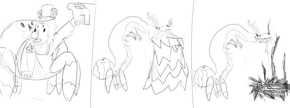 A spider-hyena points at the gavle goat, turns into a dragon, and burns it to the ground before smiling goofily