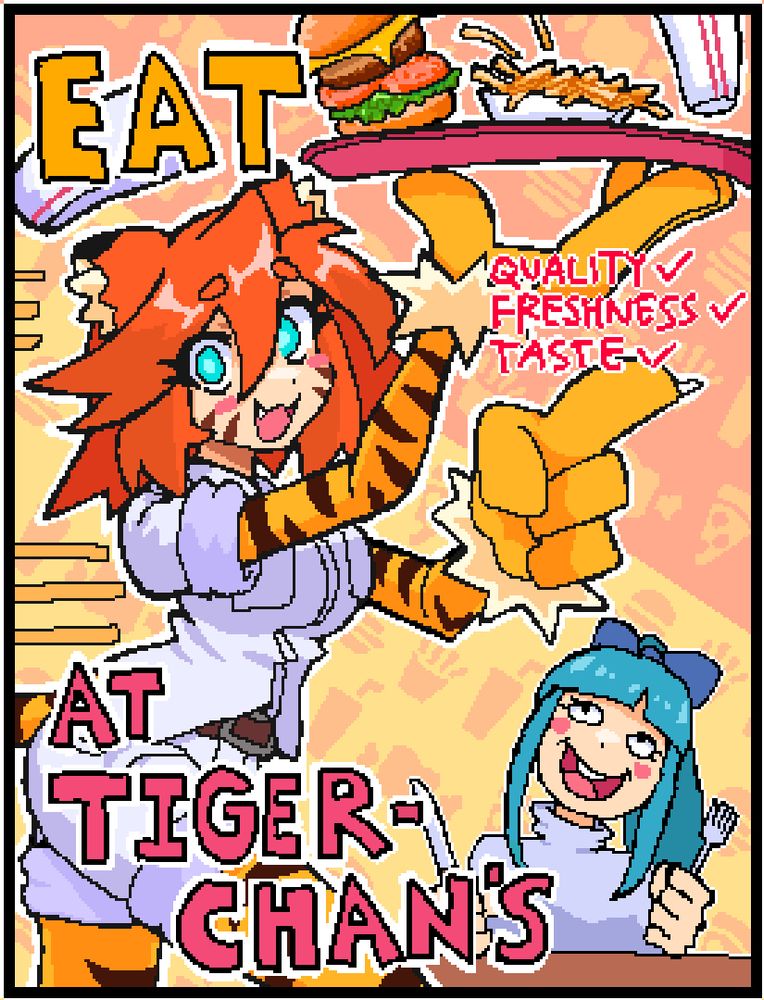 Tiger-chan serving up a delicious burger combo meal. Eat at Tiger-chan's Burger Restaurant. The best in Quality, Freshness, Taste.