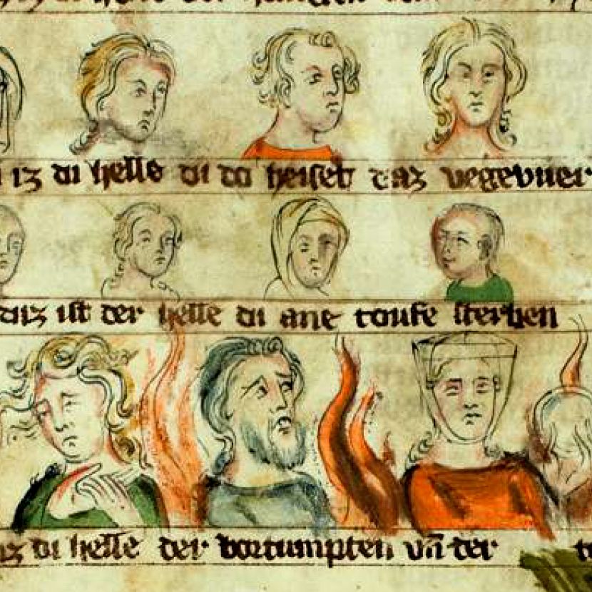 A tinted outline-drawing from a medieval manuscript: Three rows with busts of anguished people, burning flames at the bottom. German writing between the rows: "di helle di do heiset daz vegevuer", "diz ist der helle die ane toufe sterben", "die helle der vertumpten vnd der [...]" ('Hell that is called purgatory', 'hell for those who died unbaptized', 'hell of the damned').
