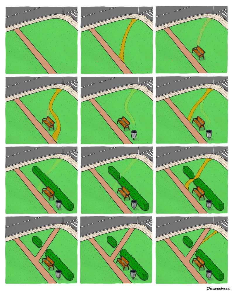 Ok so…
There’s a nice little park on a corner, and a path running directly to one edge of the park. That’s the first image, but there’s 12 other images here. In the second image, there is now a desire path running diagonally across the park. Next image, the path has been blocked by a park bench that the council has put in as a deterrent. Unfazed, in image 4 the path now deftly avoids the park bench. In images 5 and 6 the process is repeated, this time with a strategically placed bin which the desire path also avoids. Presumably in a fit of rage, the council plants an entire hedge to stop people creating new desire paths but eventually this too is defeated and a new path find a way. Finally, the council admits defeat and turns the desire path into a proper paved pathway.  After a little while, a new desire path curving off this new paved pathway begins to emerge…