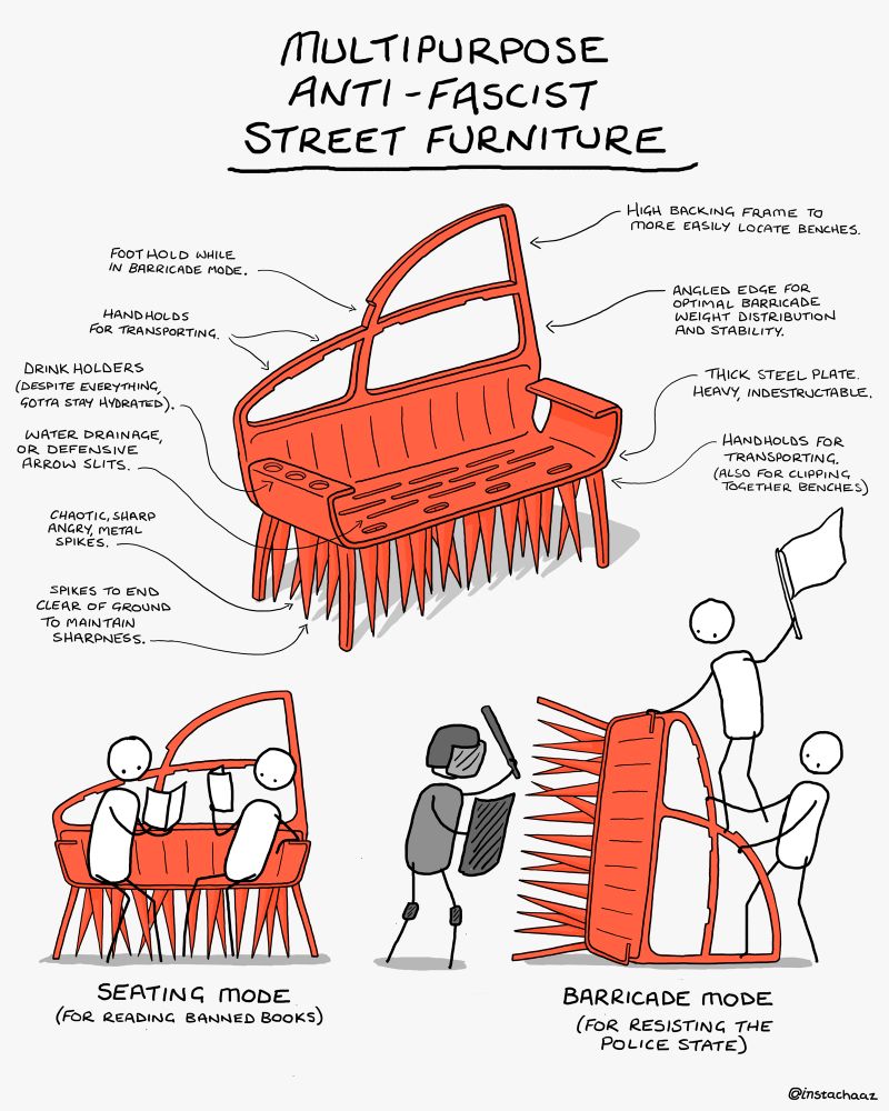 Ok so, what we’ve got here is a design proposal for a public bench titled “Multipurpose Anti-Fascist Street Furniture” and there’s three images: 1 of 3D drawing of the bench, and then two 2D elevation views of the bench in its different arrangements. The bench is coloured in a kind of reddish orange, and the bench has multiple spikes installed under the seating area, all facing towards the ground, while the back of the seat has a high backed structure. 
The first 2D drawing shows the bench in a normal seated arrangement, with two people on it reading books. The title under this is “Seating Mode, Good for reading banned books” The next 2D drawing, the bench is positioned on its end, with the high backed structure now becoming a stand for it, where it has now become a barricade, where two protesters are manning it on one side while a militarised riot policeman is attempting to attack it. 

The large backing design ensures that when positioned on their ends, the tipping point remains on the protester side, so that the defensive structure can not simply be pushed over. Meanwhile, protesters applying weight on the same element stop the barricade from being pulled forward. Holes along the bench surface serve to drain water during wet weather, or while in barricade mode, become a kind of medieval arrow slit.

Latches and corresponding holes on each edge of the bench work together to clip multiple benches into place. These same holes and the backing elements also provide hand holds in order to move the benches, which are deliberately heavy for two reasons: 1: As an effective and immovable barricade element, and 2: Any moving and repurposing requires the teamwork of multiple people with a common goal.

