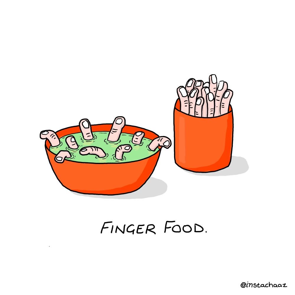 This next drawing is titled ‘Finger Food’ and YEAH, it’s just as you feared: It’s food made out of fingers. There’s two dishes on offer here, a kind of pea and finger soup, with the fingers sticking out of the pea soup, which is a particularly nasty shade of green. Next to that we’ve got some finger fries, which, yes, are just fingers sticking out of those cardboard fries packets. It’s all horrible. Does it look tasty though? No, it does not. 