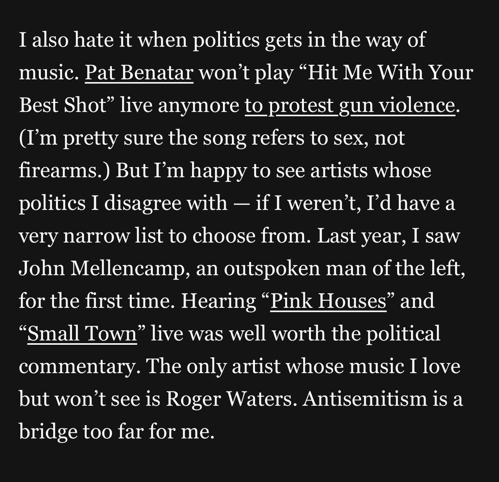 marc thiessen op ed quote “I also hate it when politics gets in the way of music. Pat Benatar won't play 