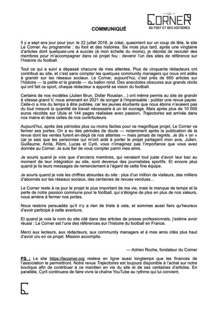 Texte d’Adieu du site Le Corner.org, média indépendant sur l’histoire du foot. 