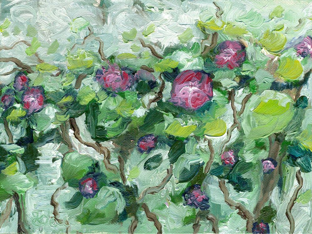 An oil painting of purple morning glories with yellow green leaves and winding vines.