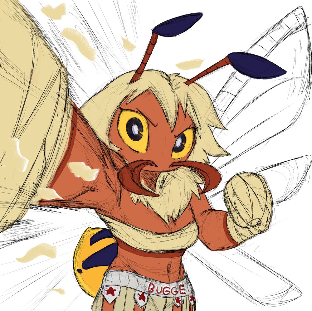 Bugge, an anthro bug, (who is a mix of a bunch of different bugs), landing a big punch on you!!! A real bellringer, sending small bits of silk flying. She wears boxing gloves wrapped in silk, a silk wrapping over her chest, and silk gladiator trunks.