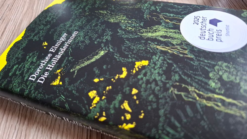 Ein Buch auf einem Tisch. Der Umschlag ist primär grün, Pflanzen und Bäume sind darauf zu sehen. Dazwischen gelber Himmel. In weißer Schrift steht oben: Dorothee Elminger: Die Holländerinnen. Auf dem Buch klebt ein runder Aufkleber, darauf steht: 2025 deutscher buch preis Shortlist