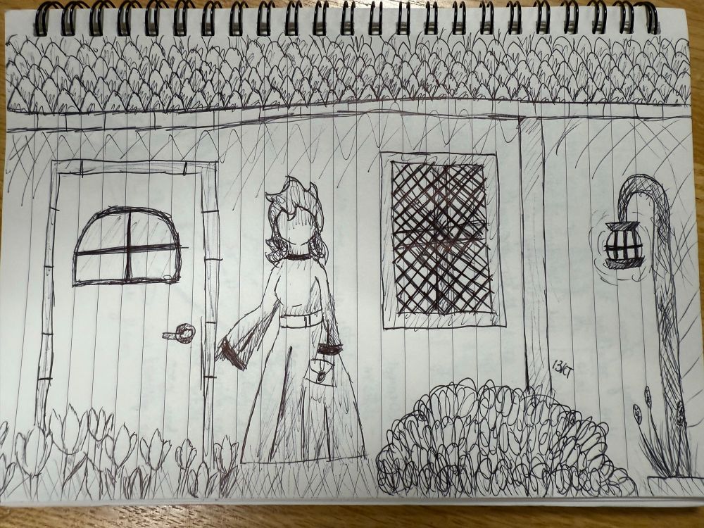 A woman stands in a garden with an envelope in her hand, reaching for a doorknob. A lamppost stands in the right corner, and above is  a roof. A swath of tulips are visible to the left, and a bush to the right.