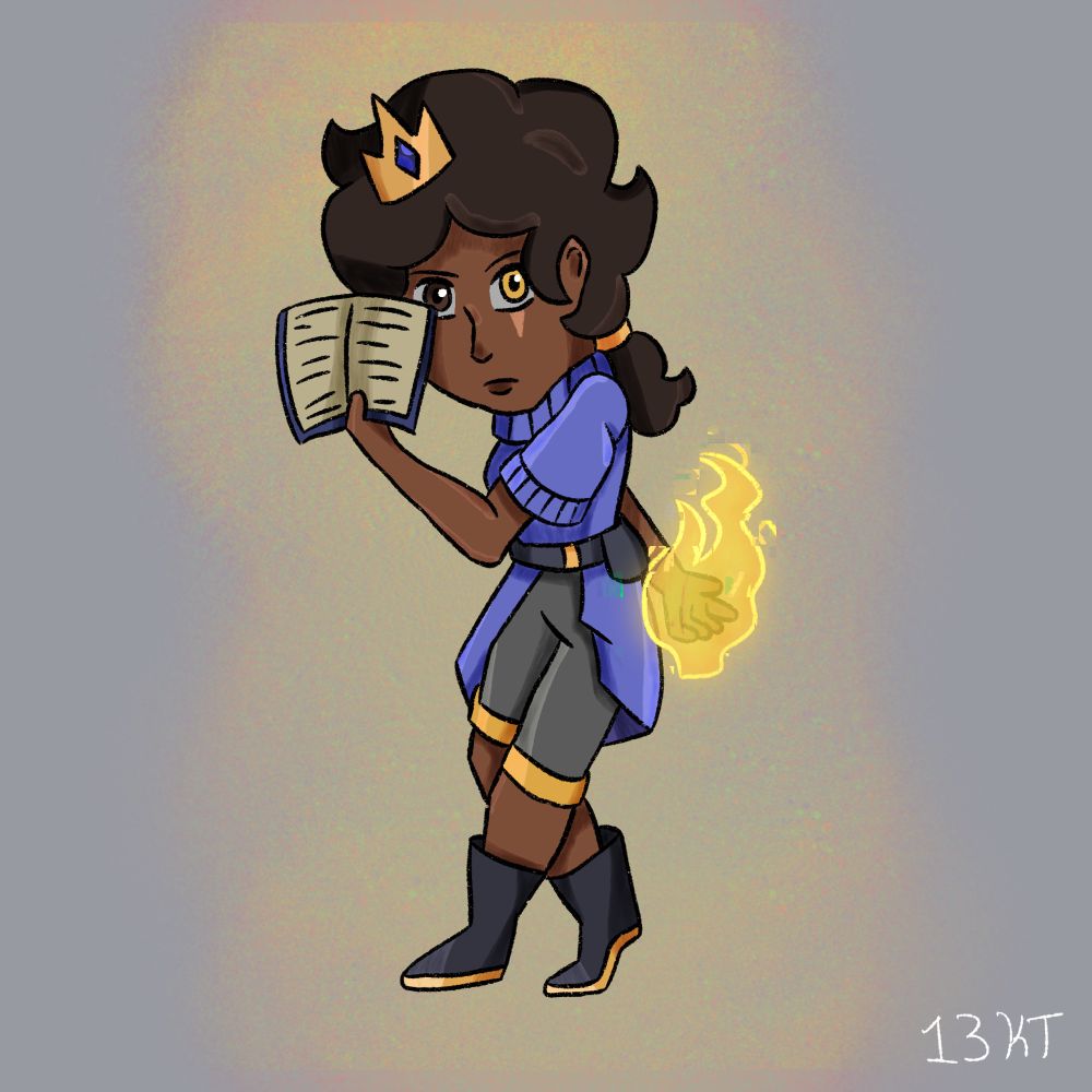 A girl with dark skin and fluffy brown hair stands with a book in one hand and golden fire in the other. Her hair is tier back in a ponytail, and she wears a small golden crown.