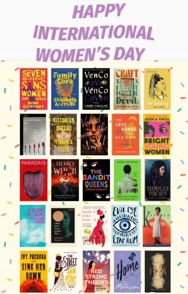 Image depics collage of books written by women with a banner that reads happy international women's day