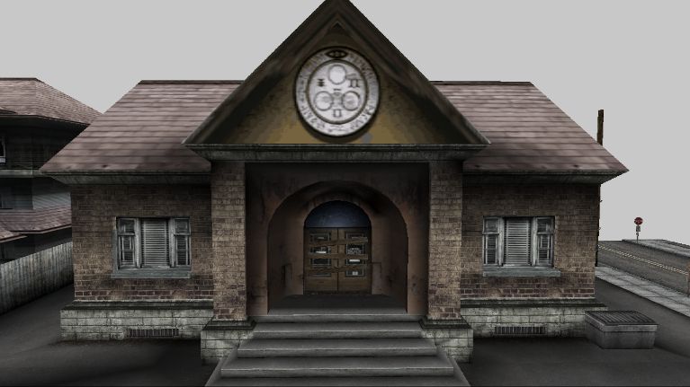 The town hall in Silent Hill Origins, seen through a camera hack. A large halo of the Sun is drawn on the alcove above the boarded main entrance.