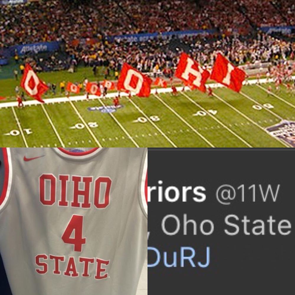 A collage of pictures where Ohio State has misspelled their own name as OOHI, OIHO, and OHO. 