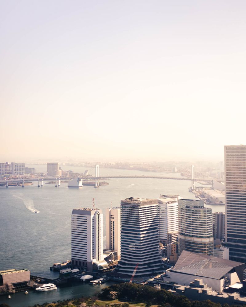 Vue sur Tokyo depuis un gratte-ciel. On peut y voir le pont "rainbow bridge" qui relie l'île artificielle d'Odaïba