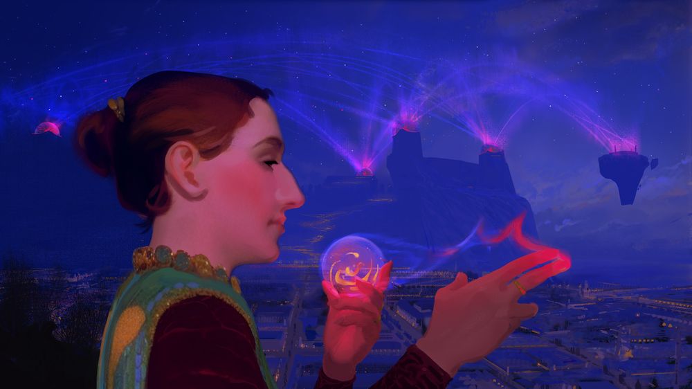 A woman standing infront a city scape shrouded in mist. She is casting a spell.