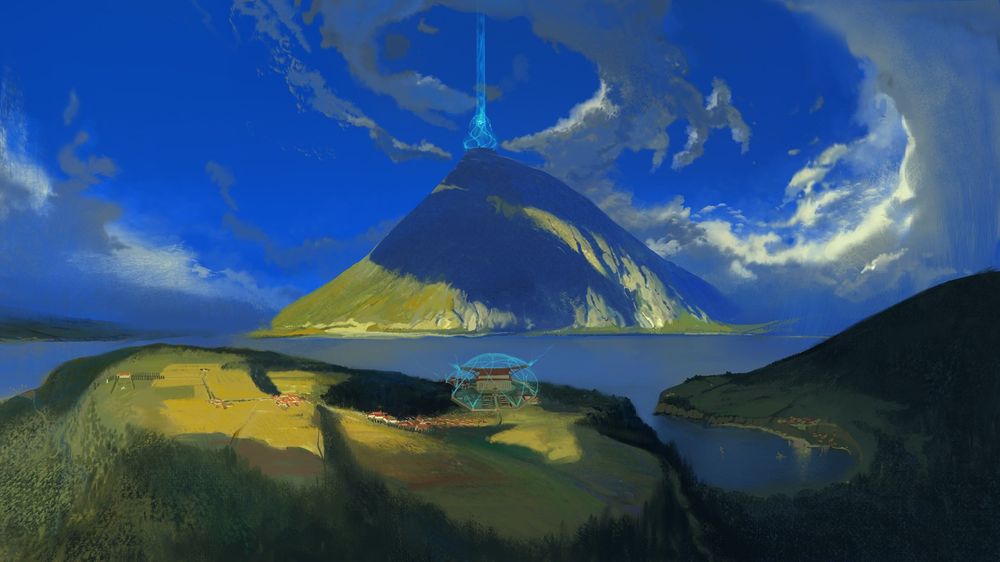 A painting depicting a mountain, where from the tip is emitted a spell that appear to control the weather itself.