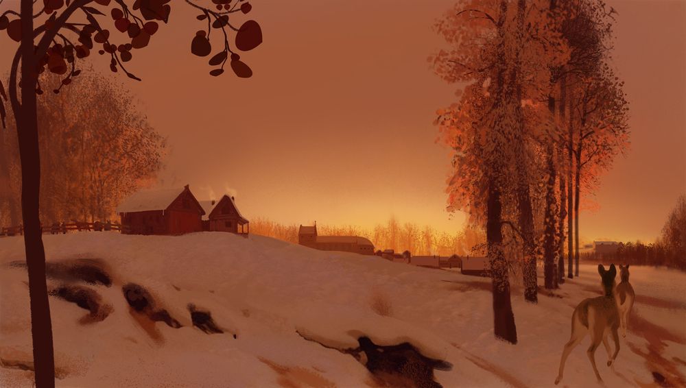 Deer in the snow walking towards a town set in sunset.