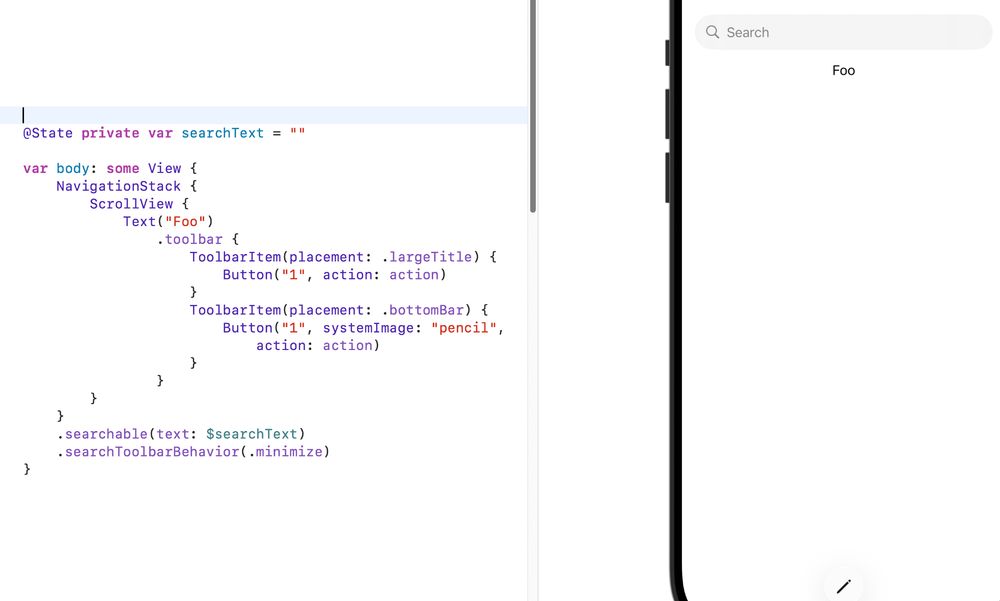 A screenshot of .searchToolbarBehavior(.minimize) applied to .searchable with two additional ToolbarItem.
