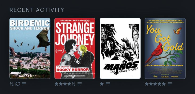 Annie’s recent activity on Letterboxd. A 1/2 star review for Birdemic: Shock and Terror, 4.5 stars for Strange Journey: The Story of Rocky Horror, 1 star for Manos: The Hands of Fate, 5 stars for You Got Gold: A Celebration of John Prine
