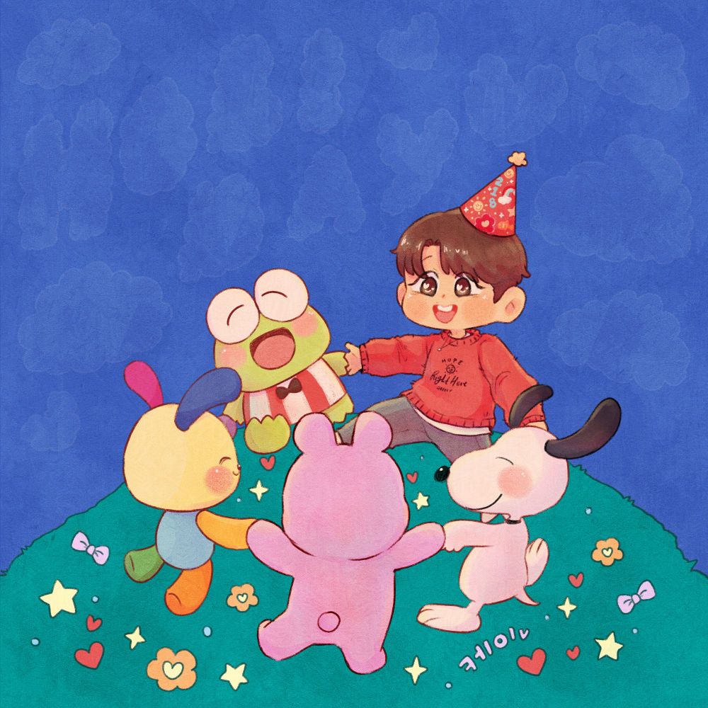 chibi hobi with snoopy, mang, usahana and keroppi in an illustration inspired by henri matisse's la danse.