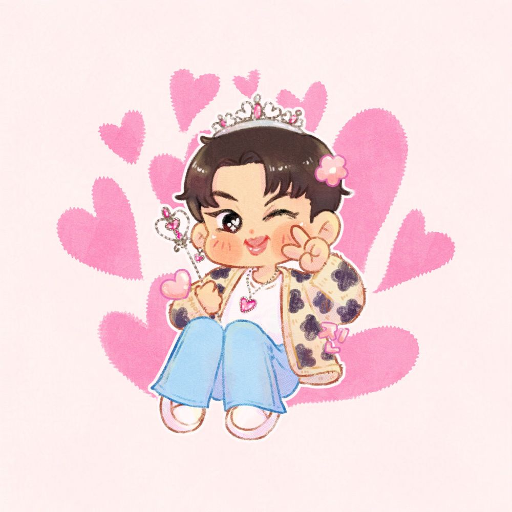 chibi seokjin winking while doing a peace sign and wearing dress up princess accessories