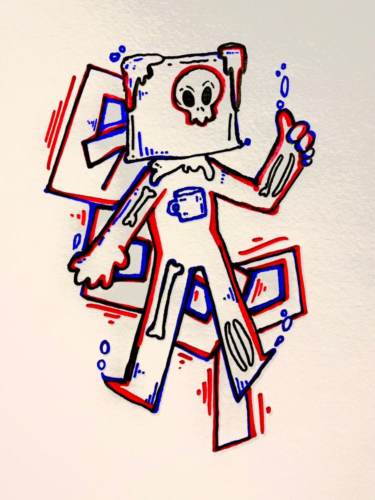 A cartoon character of a gelatinous cube, with a body and the word “goop” in the background. Drawn in a pop-art style utilizing the colors red and blue