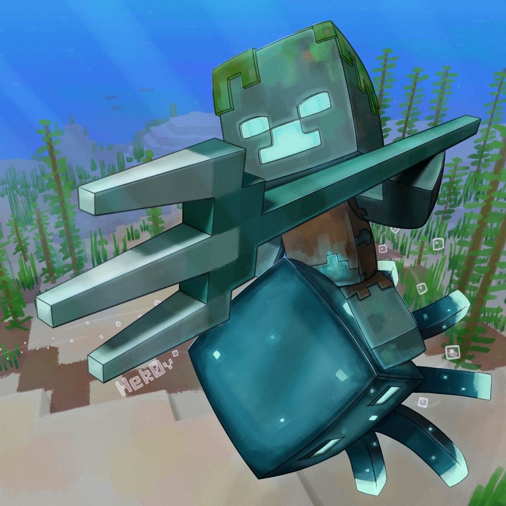 An underwater scene of a minecraft baby drowned zombie riding a glow squid, wielding a trident.