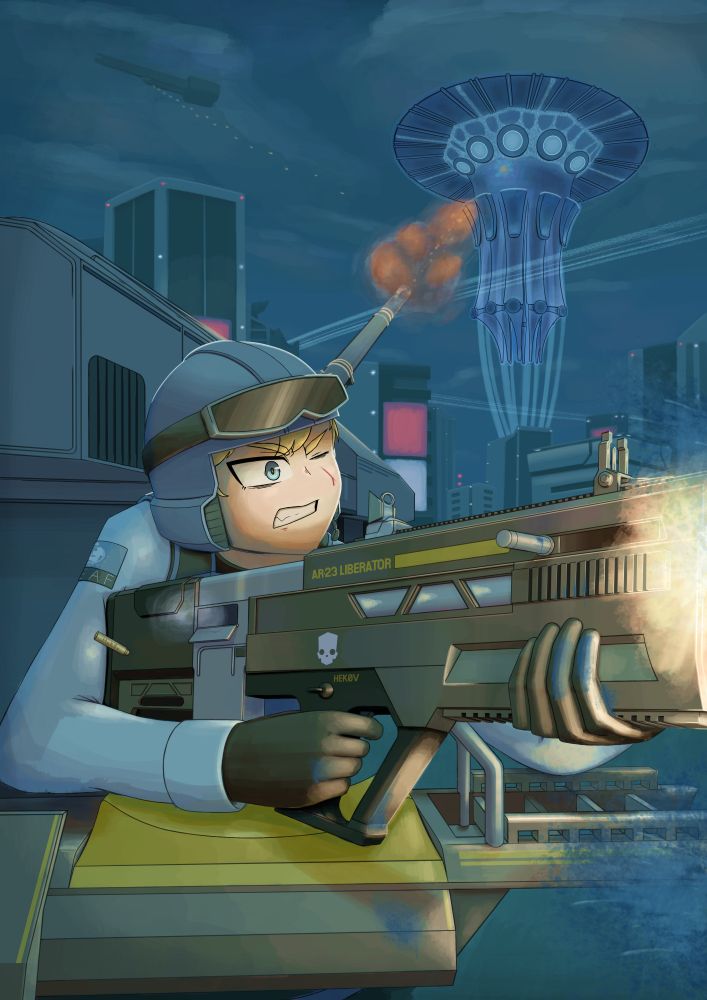 Helldivers fanart of SEAF-Chan aka Lucy shooting in a Super Earth City at night. There's a cannon in the background firing at an Illuminate overship.