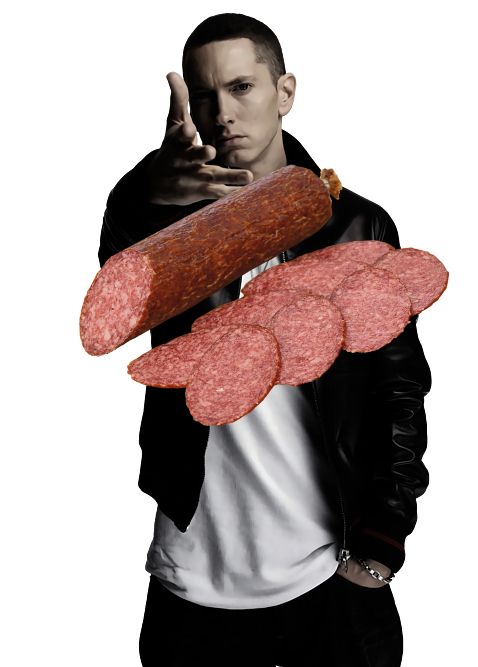 eminem throwing salami at the viewer