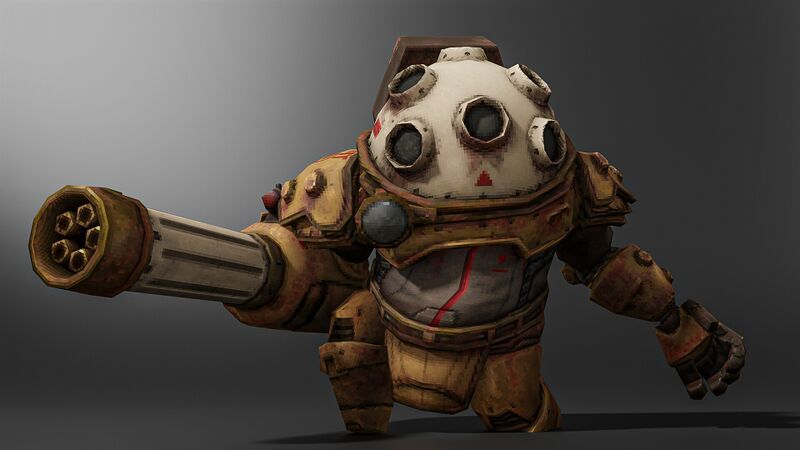 Gutterman from Ultrakill. It is a very large robot with thick tan armor and a pale dome shaped head covered in many port holes for eyes. It is noticeably much taller and wider than the streetcleaner.
its right arm is replaced with a large minigun, and it is leaning forward in a combative stance