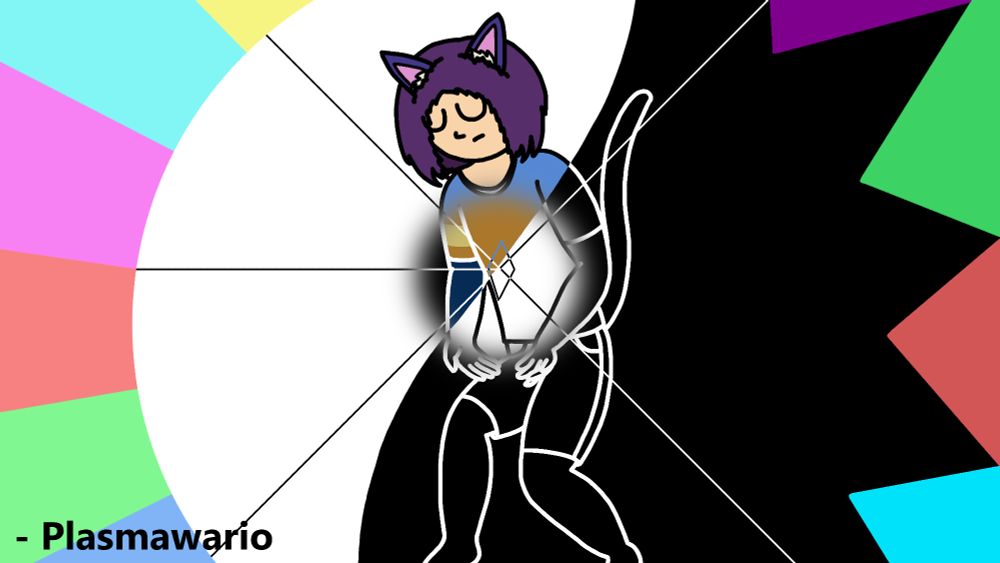 Zack holding a Spectral Shard in his hands, as it flashes a negative light aura around it. There are also outlines of the Spectral Map protruding from its center, both the positive and negative sides of it. Additionally, the colors of the Spectral Elements are present, where the positive are shown in a clean circle on the left side, where the negative ones are shown as spikes, again in a circular form, on the right side. Both sides are laid over top a white and black background respectively. The background is divided right down the middle in a large wave pattern going vertically. Zack is also reduced to white outlines when his body covers the dark side of the image.