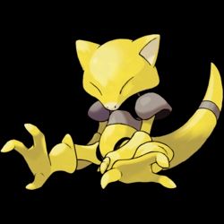 Abra, from pokemon. A small yellow fox like creature with closed eyes, sitting on the ground