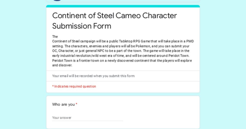 Continent of Steel Cameo Character Submission Form