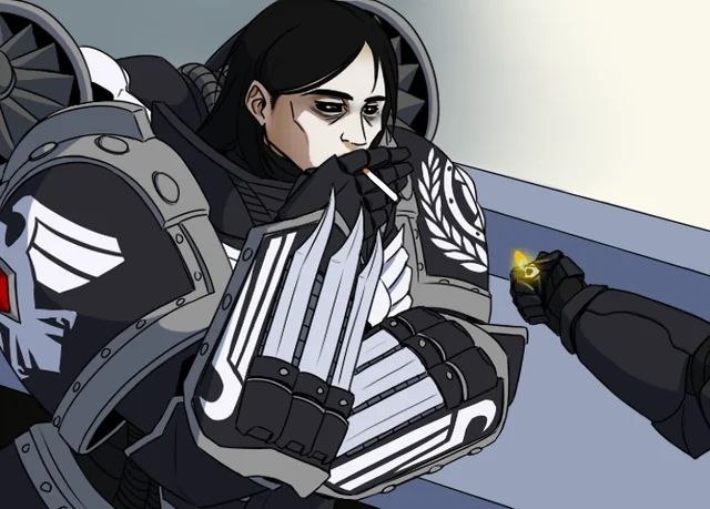 Corvus Corax, primarch of the Raven Guard, being offered a lighter for his unlit cigarette.  He looks exhausted. 