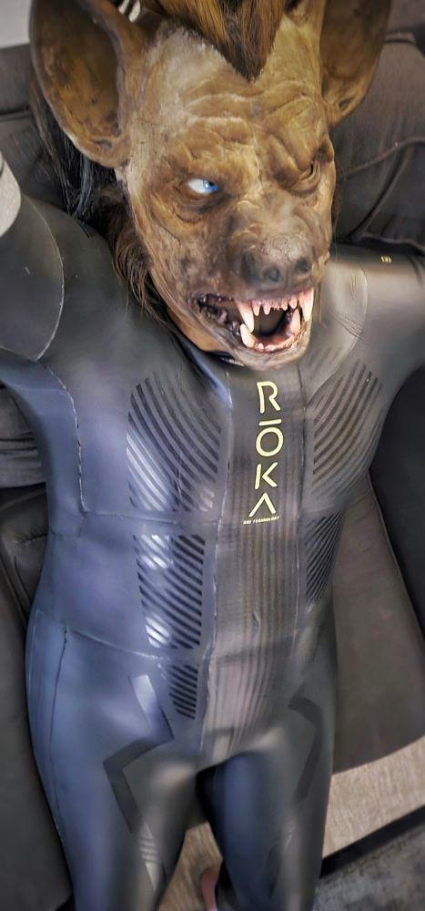 Blue-eyed hyena stretching out in a thick, tight, smooth, reflective, smoothskin neoprene Rōka wetsuit, ravenously horny