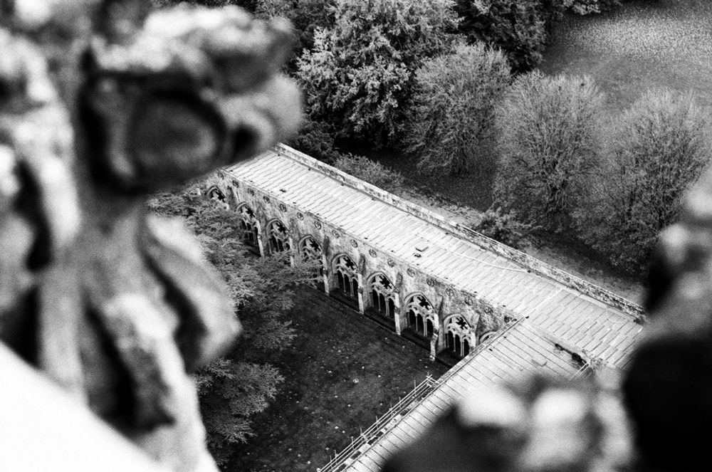A cloister taken from the top of a church spire. 