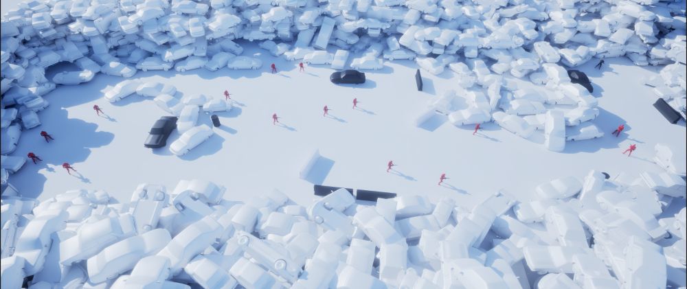 A top down view of many enemies in the centre and 4 more at the end of the space (to the left of the image)