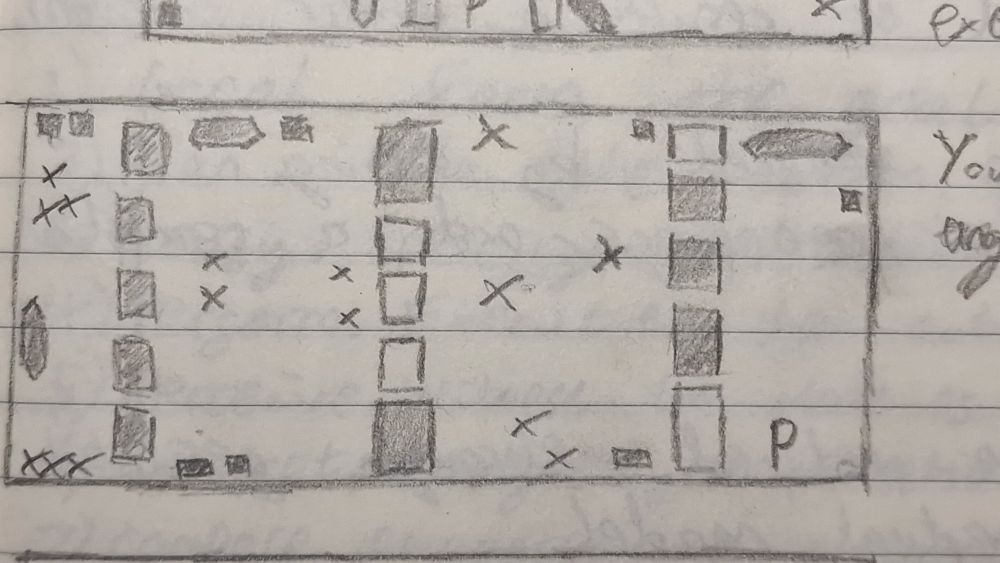 A paper prototype of the level. The level is surrounded by 4 straight walls. The player is marked by 'P' enemies by 'X'. Movable obstacles are black and immovables are white. 