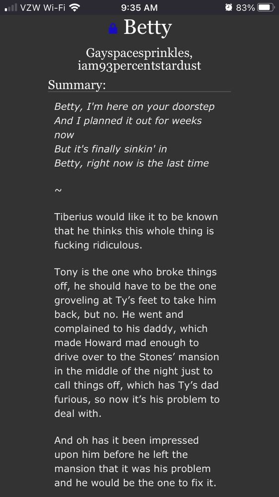 A screenshot of an ao3 title and summary for a fic called Betty