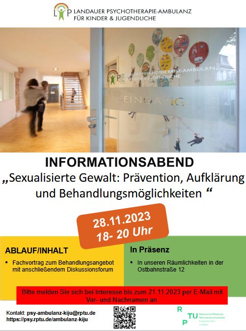 Plakat mit Einladung zum Informationsabend zum Thema Sexualisierte Gewalt am 28.11.2023 in der Landauer Psychotherapie-Ambulanz für Kinder und Jugendliche