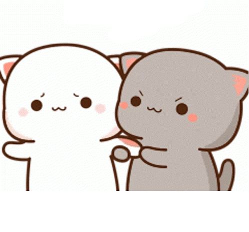 two cute cartoon cats are standing next to each other and looking at each other .