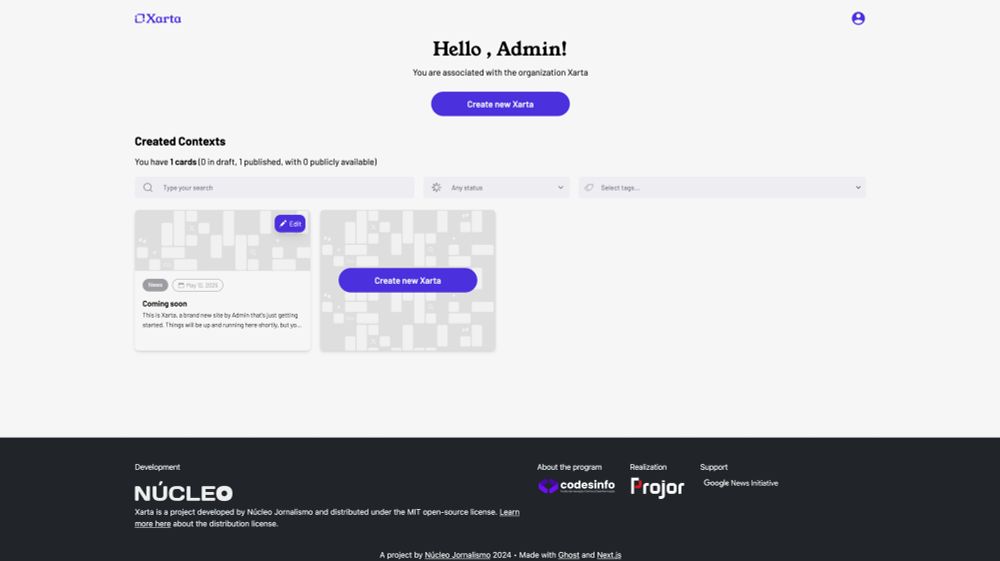 Xarta homepage, containing a welcome message to the user, a list of created context cards, and some buttons to create a new Xarta